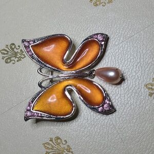 Vintage Orange & Silvertone Butterfly Brooch